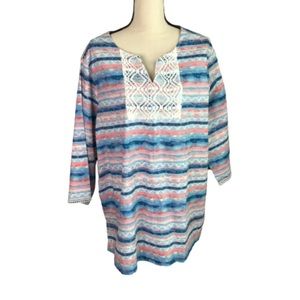 Blair Blue Pink Tribal Print Lace Detail Tunic 2XL